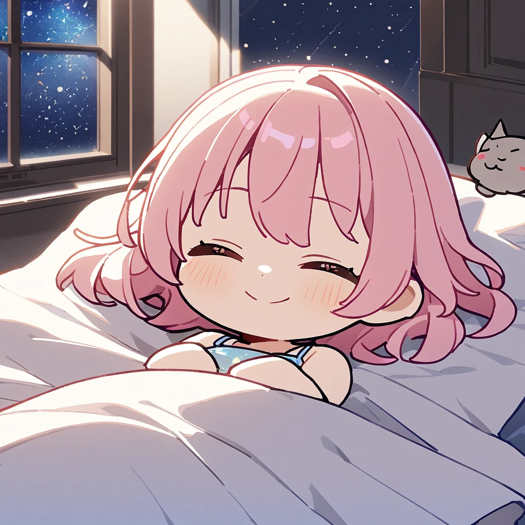 masterpiece、Highest quality、Depth of subject、2D illustration、1 beautiful girl、独奏, (((chibi style)))、((night)), ((window)), ((starry sky)), Long, beautiful hair、Shiny pink hair、cute、Beautifully detailed eyes、((closed eyes))、((blanket))、a cute sleeping kitten on blanket, ((colorful))、Camisole dress、((happy smile))、sleeping on bed, ((close up shot))、((Asleep in bed)), ((in the room))、((There's a lot of pink around))、Thighs、((vivid color))、sparkle、((Lens flare))、
