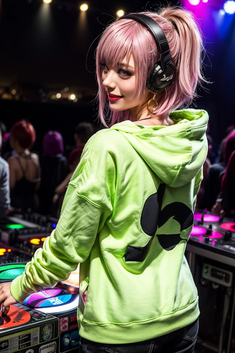 highest quality, Tabletop, 超A high resolution, (Realistic:1.4), (Japanese Idols),RAW Photos, One Girl, night,Detailed skin,nightclub,disco,(bionde:1.2), (Pink inner hair:1.3),Glossy lips,smile,21 years old,Beautiful and beautiful eyes,eye shadow,Diamond jewellery,Earrings,Gold Jewelry,(hoodies:1.3),,(Strengthening shoulders:1.2),A well-trained body,(Pixie Cut),Round face,(playing music as a dj:1.5), (dj:1.2) playing at a vibrant (music festival:1.2) with (energetic crowd:1.1) and (colorful stage lights:1.1), (Back view:1.5 ),Back view,A slightly distant composition,(back of head)