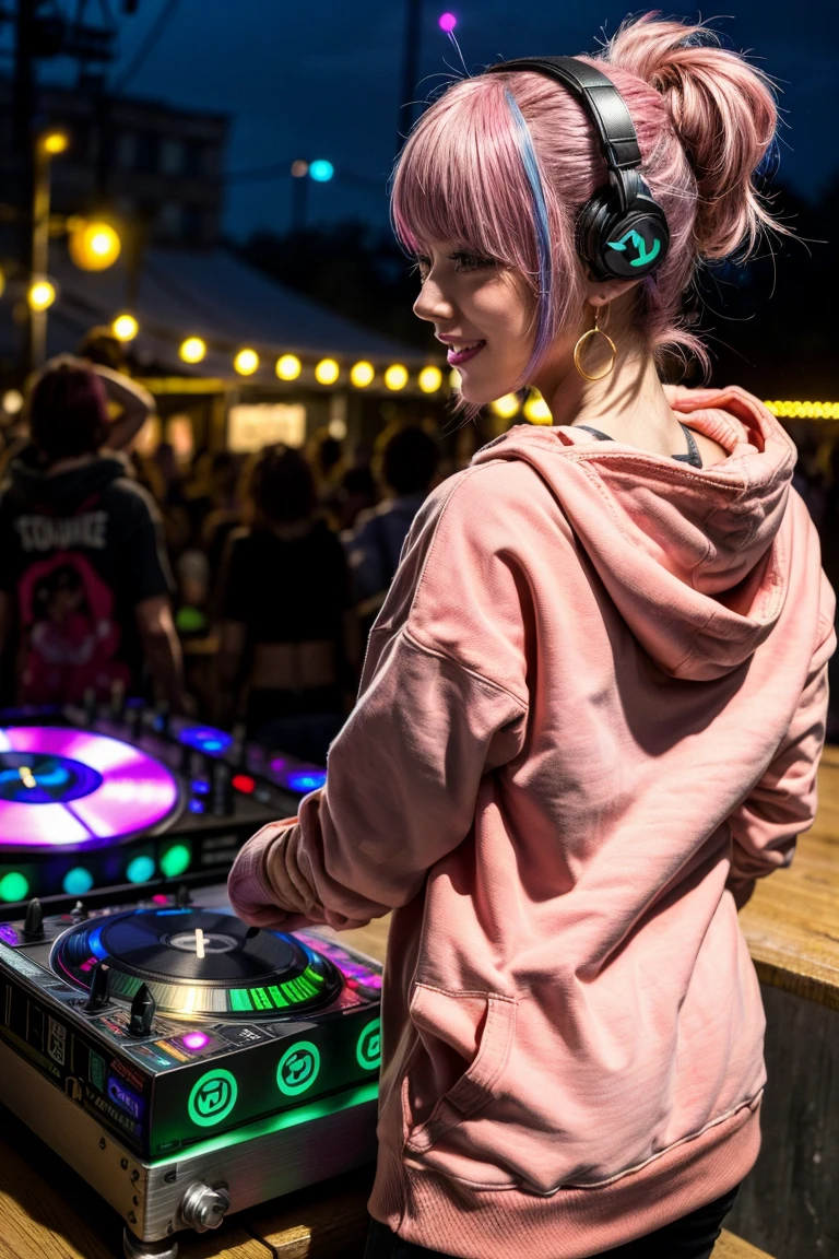 highest quality, Tabletop, 超A high resolution, (Realistic:1.4), (Japanese Idols),RAW Photos, One Girl, night,Detailed skin,nightclub,disco,(bionde:1.2), (Pink inner hair:1.3),Glossy lips,smile,21 years old,Beautiful and beautiful eyes,eye shadow,Diamond jewellery,Earrings,Gold Jewelry,(hoodies:1.3),,(Strengthening shoulders:1.2),A well-trained body,(Pixie Cut),Round face,(playing music as a dj:1.5), (dj:1.2) playing at a vibrant (music festival:1.2) with (energetic crowd:1.1) and (colorful stage lights:1.1), (Back view:1.5 ),Back view,A slightly distant composition,(back of head)
