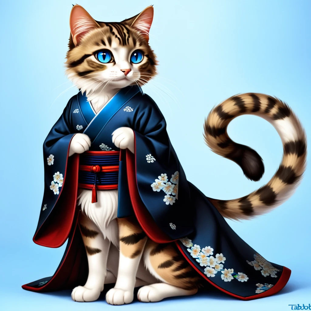 a tabby cat with a soft, fluffy coat, with bright blue eyes that reflect an innate curiosity. He wears a feudal Japanese costume, known as &#39;hakama&#39;, of an intense red that contrasts with its fur. The hakama flows elegantly with every movement, and is adorned with traditional motifs that evoke the samurai era. This cat is not ordinary; It has two mystical tails that end in blue and orange flames, dancing like living torches that illuminate their path.