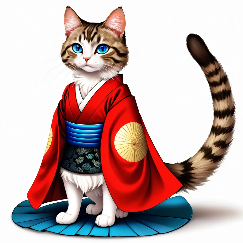 a tabby cat with a soft, fluffy coat, with bright blue eyes that reflect an innate curiosity. He wears a feudal Japanese costume, known as &#39;hakama&#39;, of an intense red that contrasts with its fur. The hakama flows elegantly with every movement, and is adorned with traditional motifs that evoke the samurai era. This cat is not ordinary; It has two mystical tails that end in blue and orange flames, dancing like living torches that illuminate their path.