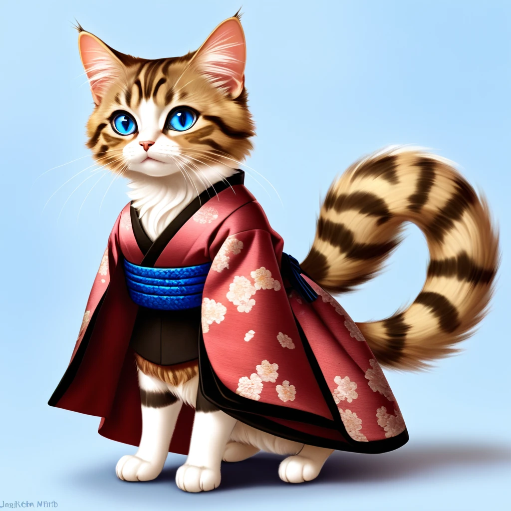 a tabby cat with a soft, fluffy coat, with bright blue eyes that reflect an innate curiosity. He wears a feudal Japanese costume, known as &#39;hakama&#39;, of an intense red that contrasts with its fur. The hakama flows elegantly with every movement, and is adorned with traditional motifs that evoke the samurai era. This cat is not ordinary; It has two mystical tails that end in blue and orange flames, dancing like living torches that illuminate their path.