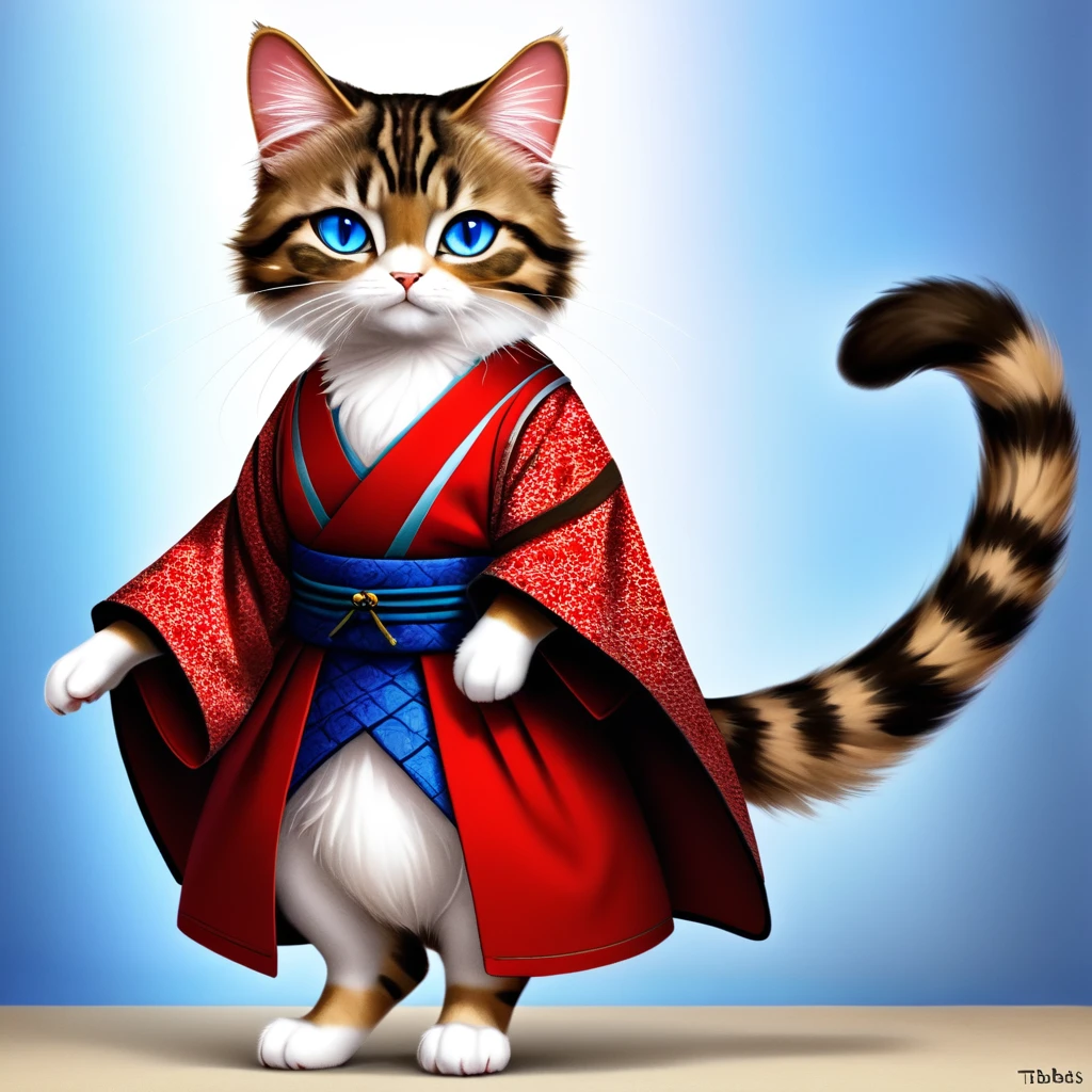 a tabby cat with a soft, fluffy coat, with bright blue eyes that reflect an innate curiosity. He wears a feudal Japanese costume, known as &#39;hakama&#39;, of an intense red that contrasts with its fur. The hakama flows elegantly with every movement, and is adorned with traditional motifs that evoke the samurai era. This cat is not ordinary; It has two mystical tails that end in blue and orange flames, dancing like living torches that illuminate their path.