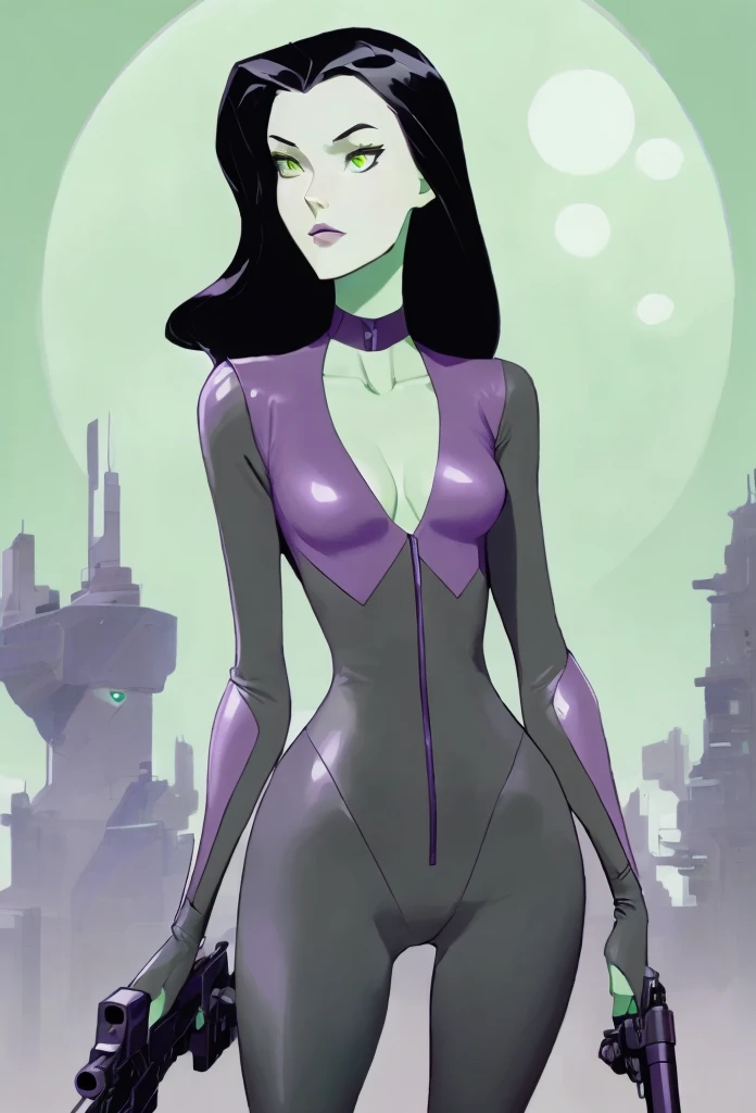 cartoon thin woman, long neck, long black hair, pale green skin, wearing a v-neck purple sci-fi body suit .. she is armed with an arm cannon, on her suit has small grey jet nozzles at the sides of her hips.