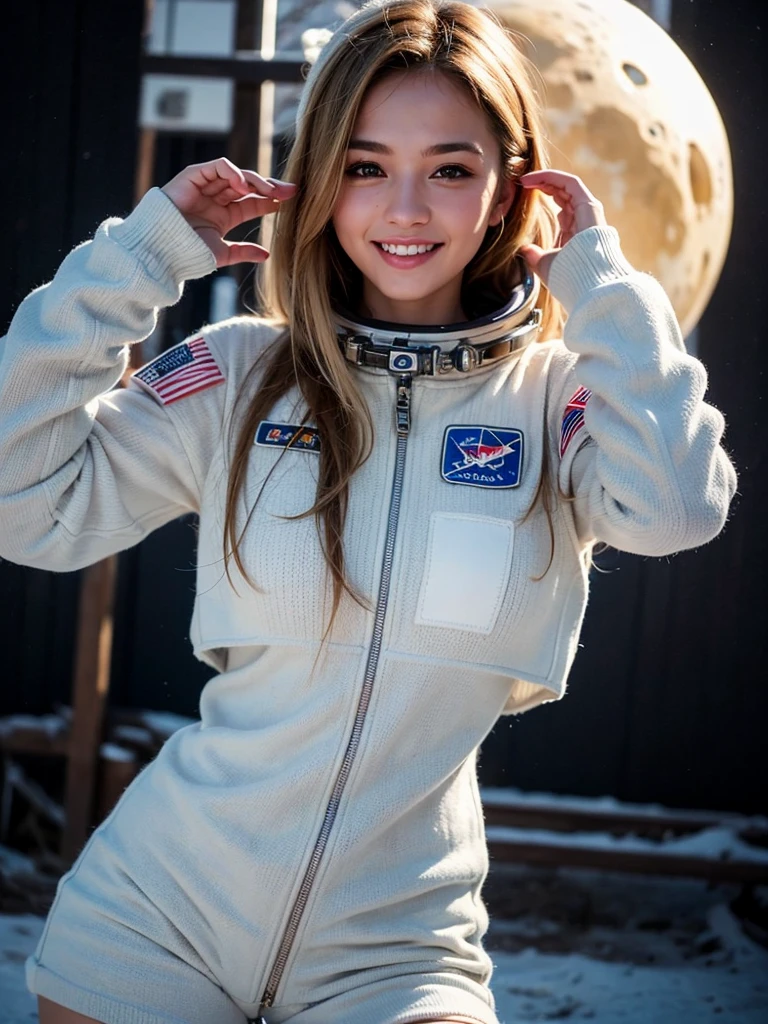 (smile)、(((Staring at the audience)))、((Wearing a space suit standing on the moon)),((White bikini shorts))、(((Spacewalk)))、wear spacesuits, 白いDressed in an astronaut costume, Cute girl in a tank top, girl in space, In space, (((Dressed in an astronaut costume))), woman astronaut, ((月面でOpen Stance))、((Sexy young woman's body:1.4))、Large bust、The navel is clean、I can see your belly、Open Stance、Clean knees、