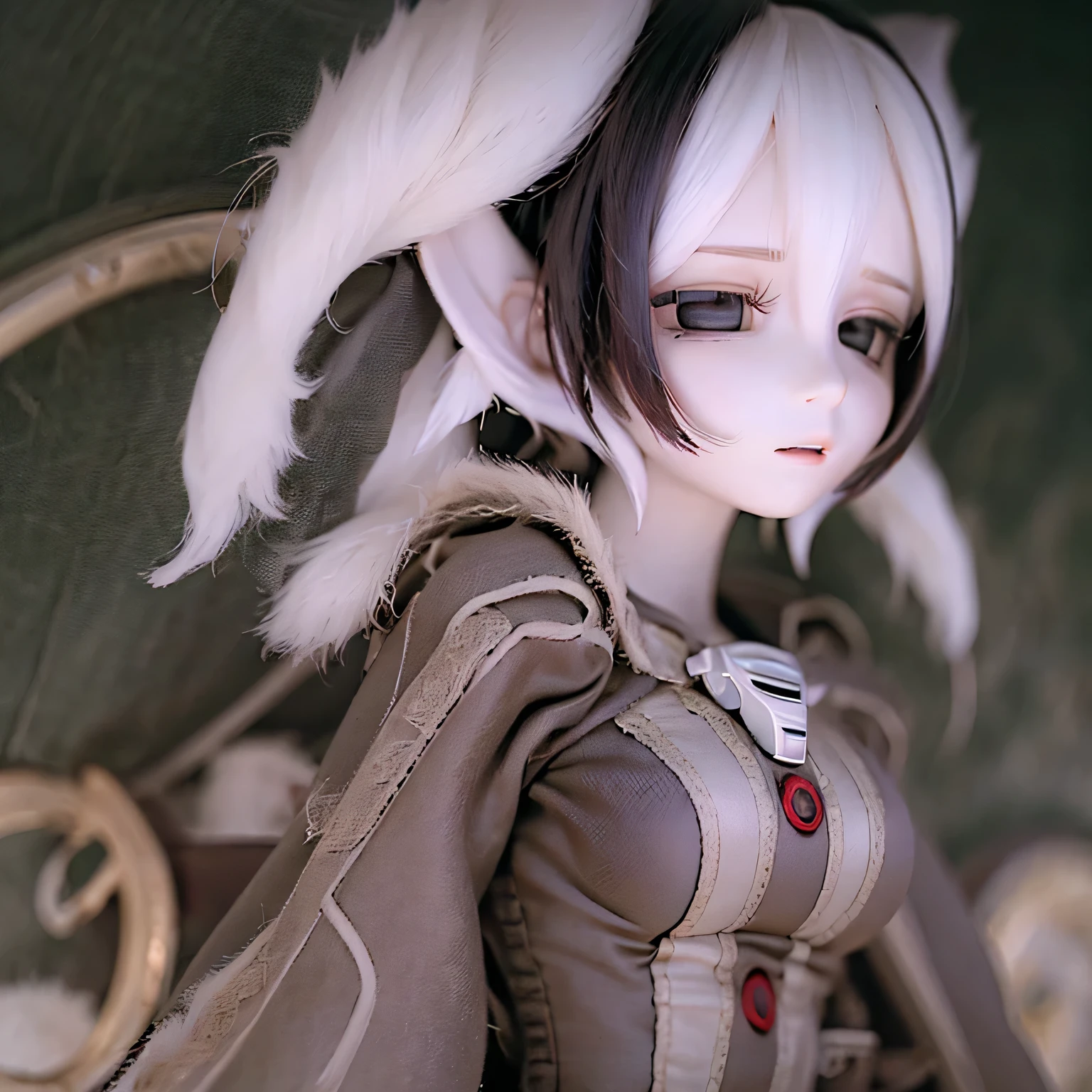 a 2 meter tall ozen from made in abyss, beautiful detailed eyes, beautiful detailed lips, extremely detailed eyes and face, long eyelashes, intricate detailed mechanical body, gears, pipes, wires, highly detailed metal parts, advanced technology, futuristic, cold metallic colors, dark colors, chiaroscuro lighting, dramatic lighting, cinematic, award winning digital art, epic scale, masterpiece