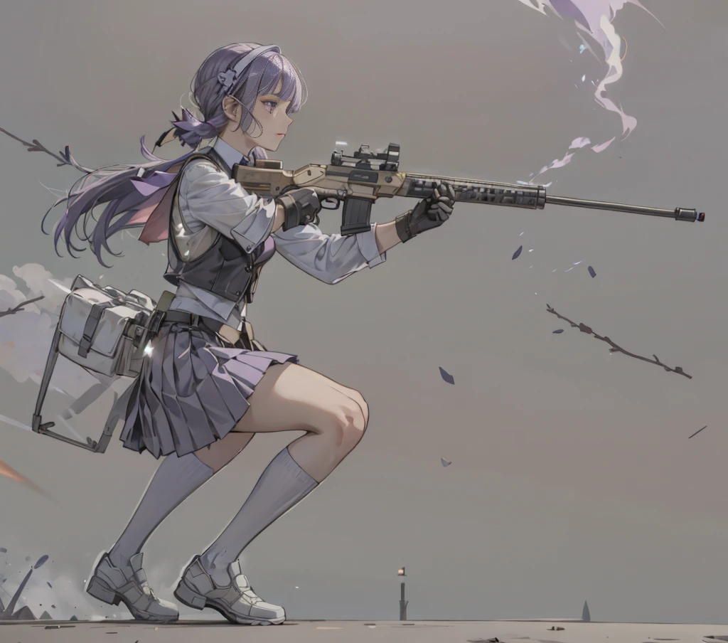 1girl, solo, short hair, skirt, shirt, gloves, white background, bow, holding, , purple eyes, white shirt, weapon, purple hair, pleated skirt, shoes, black gloves, socks, bowtie, holding weapon, gun, sneakers, holding gun, armband, rifle, grey skirt, headset, assault rifle, grey gloves, load bearing vest