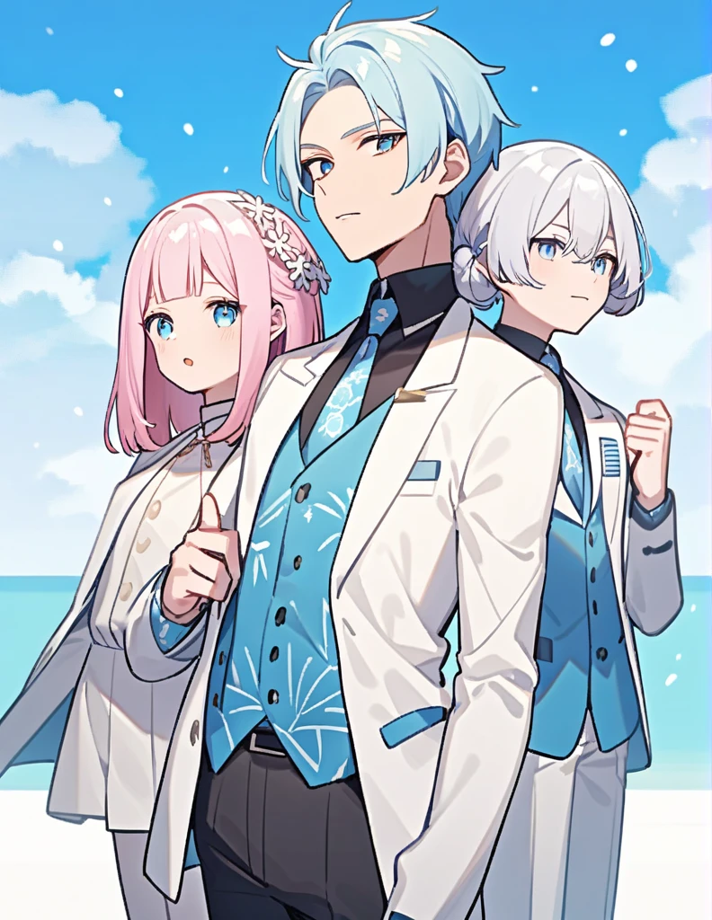 Character A: Meneng
A drop of blue sea water that is a little timid. Wearing a white blazer that says NaCl (Na and Cl are separated on the right and left of the blazer) Character B: Papuq
Owner of salt fields. Aged