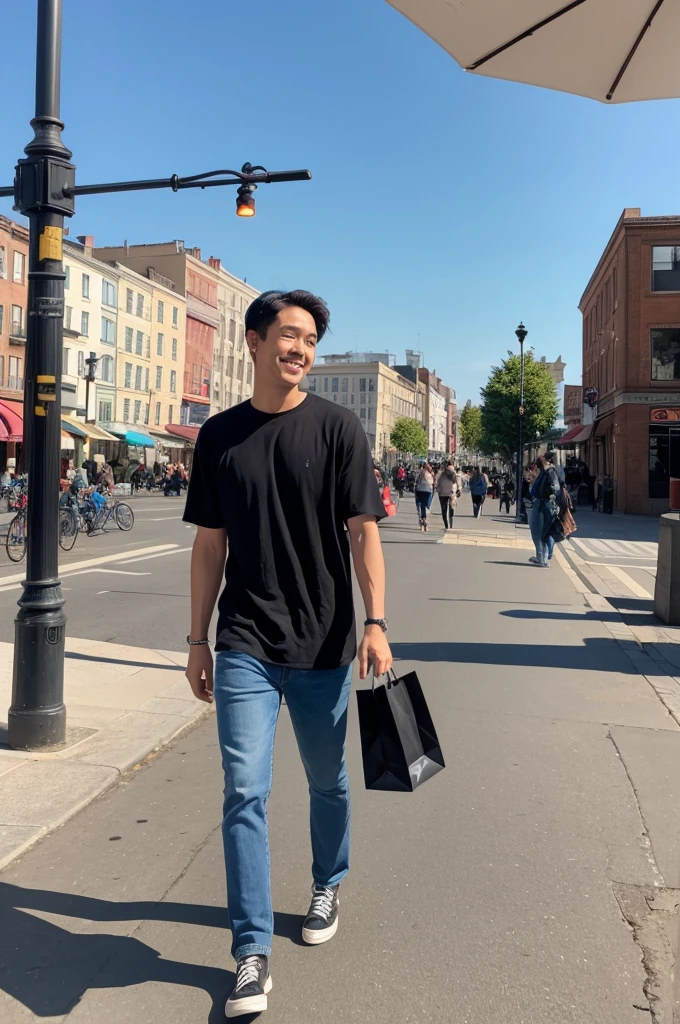 Pixar Happy young man walking with shopping bags