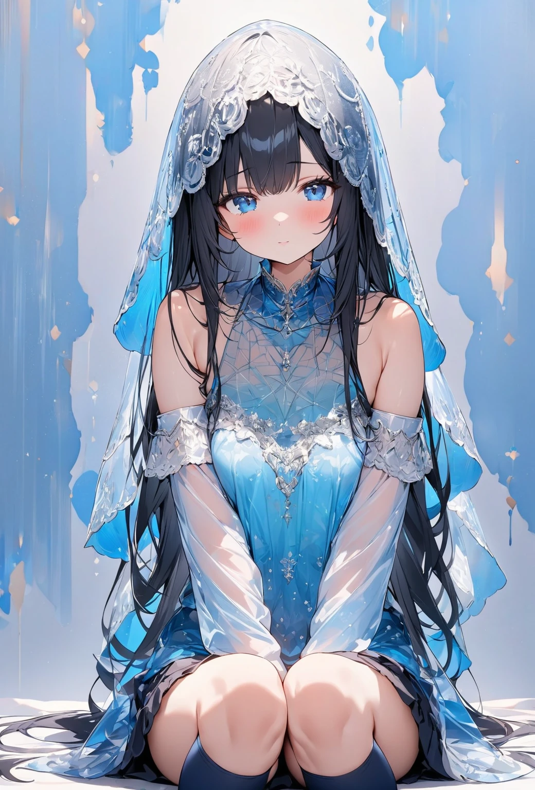 ((Highest quality)), ((masterpiece)), ((Very detailed)), (Very cute),A cool-looking woman with gentle black hair and a height of about 165cm.,A woman with a cute smile wearing a transparent blue waifus with a cute patterned hood and bare shoulders, alone, Cute attitude,(background(bright),Long Hair - Straight,Knee-high socks、A transparent blue veil with a cute pattern and white hood with off-the-shoulder sleeves,White wall、Sitting、Facing the viewer、