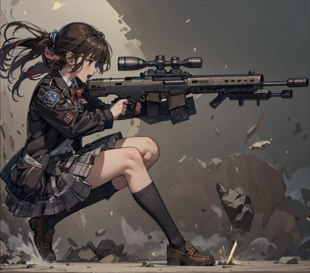 1girl, solo, open mouth, skirt, simple background, brown hair, shirt, white background, holding, twintails, brown eyes, , jacket, full body, weapon, pleated skirt, shoes, socks, holding weapon, gun, plaid, plaid skirt, brown footwear, sunglasses, letterboxed, black socks, loafers, holding gun, eyewear on head, handgun, dual wielding, aiming, letterman jacket