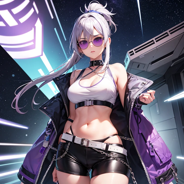 Silver hair in a short ponytail with a blue-purple ribbon, anime eyes, blue-purple sunglasses on her forehead, the zipper of a blue-purple blouson hanging down over a black tank top, blue-purple shorts with a white belt, a chain necklace, her belly button exposed, her eyes tilted upwards, and a cheeky expression. , look here, the space train is a blur in the background, naked girl, camel toe,
