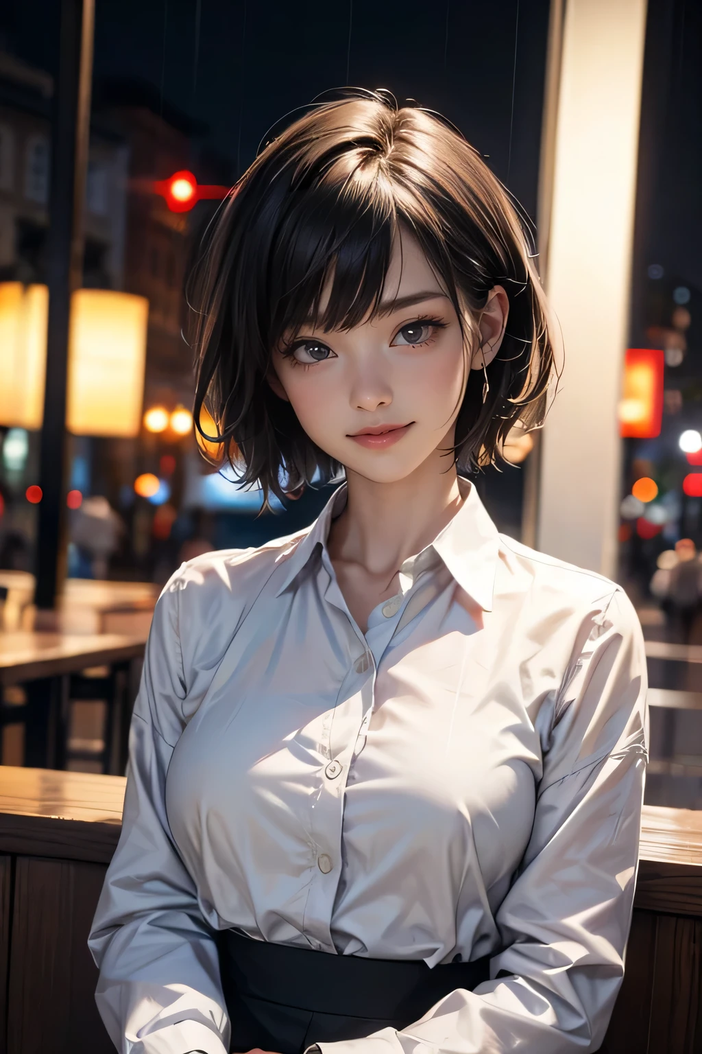 (8K, Highest quality, masterpiece: 1.2), (Realistic, Realistic: 1.37), Very detailed, 1 Girl, cute, alone, Beautifully detailed skies, Detailed Cafe, night, Sitting, date, Red nose), (smile: 1.15), (Close your mouth) Small breasts, Beautiful details, (Collared shirt: 1.1), night, Wet, Business Wear, rain, White lace, (short hair: 1.2), Floating Hair NovaFrogStyle,