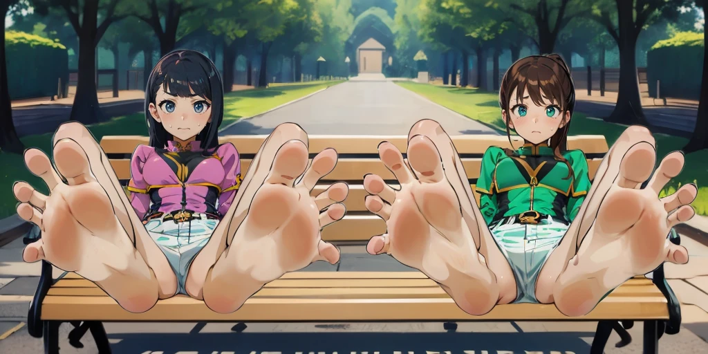 Anime girl sitting on a chair with Big Feet and pink shirt, Huge Art, Foot Art subjective, Detailed feet POV, Big Feet, Foot pose, Tifa, Foot Art, !!Very detailed!!, Her slender legs will overwhelm you., Naughty anime style, High Sole, High Resolution Rates、barefoot、only, Sweaty Feet, mashin sentai kiramager, Kiramei Pink, Kiramei Green, onlyの拡大図,onlyを露出させる, 2 girls, Embarrassed look