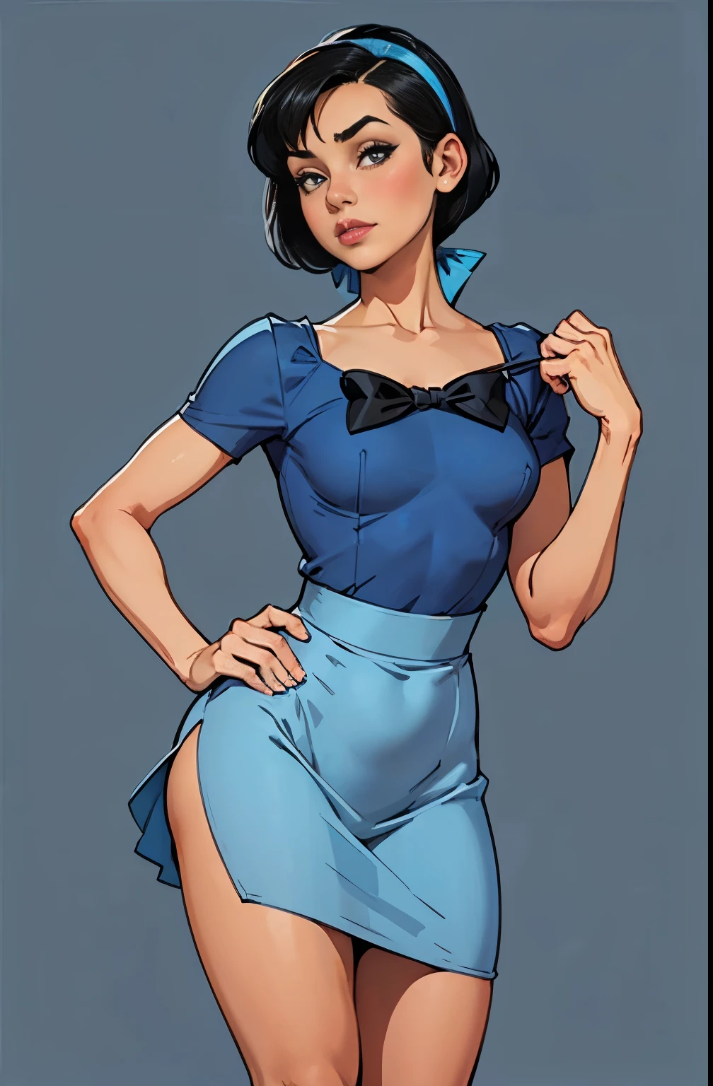 girl, portrait, small breasts, slim, short black hair, blue bow on head, bangs, betty rubble, flintstone, hot, soft or colored lips, blue short dress, pinup, housewife, simple background, flat colors, perfect hands , perfect anatomy,

