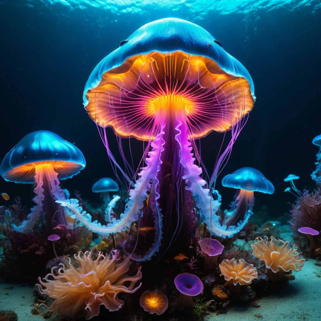 Bioluminescent Mushroom, jellyfish, blacklight, undersea, ultra-wide-angle, octane render, Enhance, intricate, (best quality, masterpiece, Representative work, official art, Professional, unity 8k wallpaper:1.3)