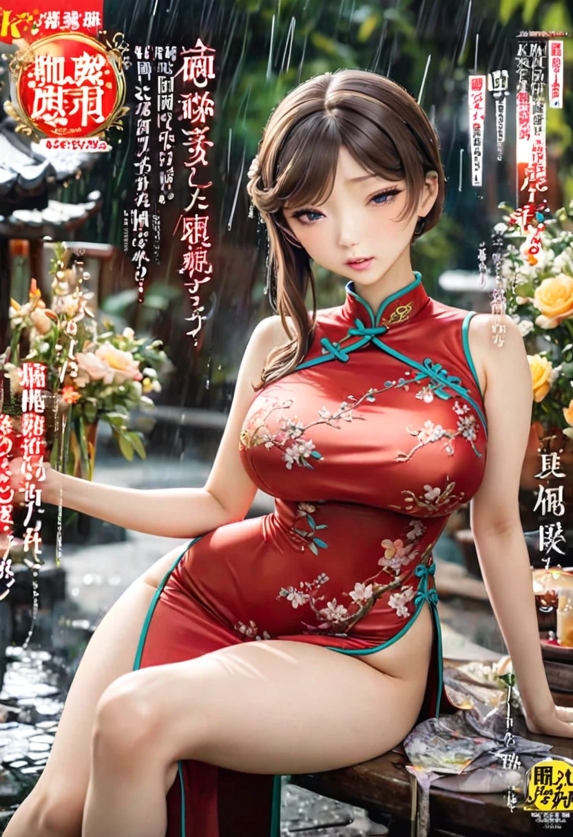 Magazine cover(masterpiece, best quality:1.2),woman,(((The eyes are delicate)))Flowers flying((Red cheongsam)),rain(8K)(HD)