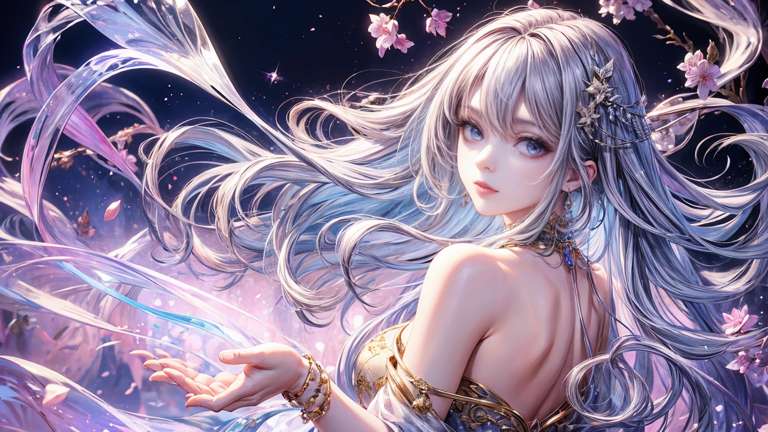 (Highest quality, 8K, CG), Beautiful and exquisite upper body, Delicate face,purplish-silver hair,Wavy Hair, Gradient Hair, Long Hair,Wearing a circlet, Purple eyes, Almond Eye, Exquisite eye makeup, 長さ eyelashes fluttering, Morning Glow, Delicate lip detail, Soft and harmonious style),Exposed shoulders, bracelet,gem,Suspended particles,Dynamic pose,gemを手に持つ,garden