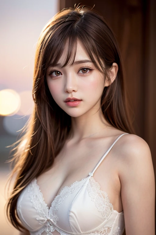 (best quality), (Extremely detailed), (illustration), (Detailed lighting), (Extremely delicate and beautiful), ung girl, Brown hair, Brown eyes, Model, Bare shoulders, best quality, Extremely detailed CG unified 8k wallpaper, High-resolution original color photos, Professional photography, (((Bokeh))), Depth of Field, twilight, Sunset,