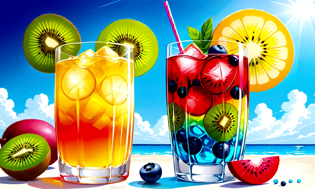 there is a glass of fruity drink with a slice of kiwi, colorful coctail, colorful hd picure, cold drinks, colorfully, drinking cocktail, mixing drinks, colorful, colorful]”, Vibrant colors!!, colorfull, Vibrant colors, drink, beautiful colorful, Shiny、Sparkling, colorful mood, colorful!!, wonderfully colorful, colorful, shiny colorful