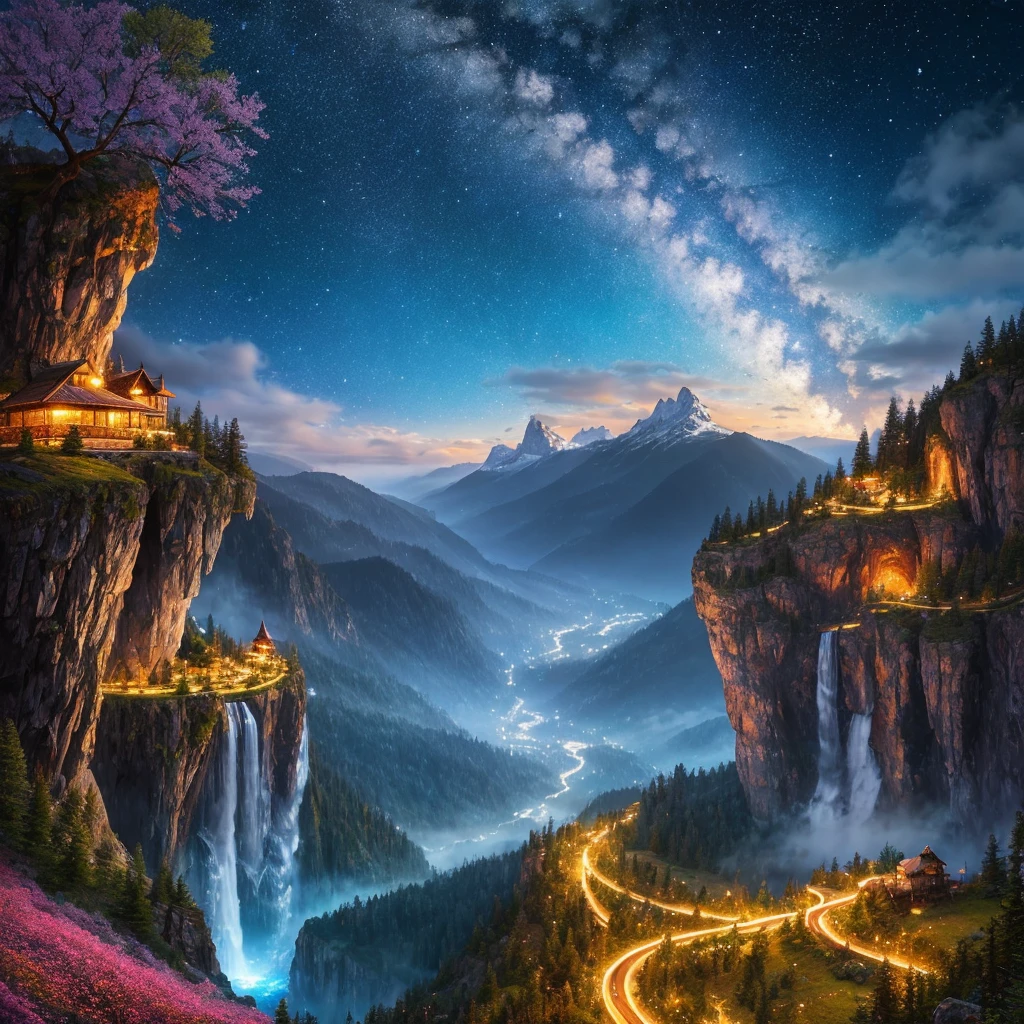 highest quality, masterpiece, Beautiful wild and nature fantasy landscape with sparkling lights