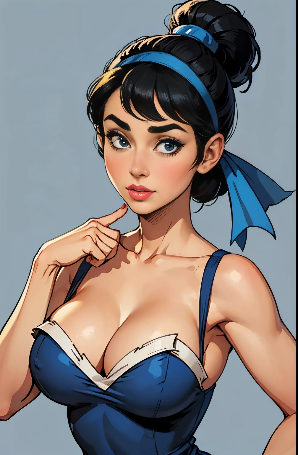 girl, portrait, big breasts, slim, short black hair, blue bow on head, bangs, betty rubble, flintstone, hot, soft or colored lips, blue short dress, pinup, housewife, simple background, flat colors, perfect hands , perfect anatomy,