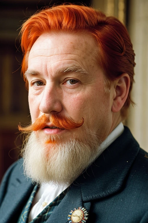 I need a Scottish grandfather who has half white hair, I have red hair, with white skin and freckles on her cheeks, have amber eyes, with bushy orange eyebrows and a walrus-style mustache without brava and who has a classic Victorian dress That he has red hair and only a mustache without brava and who looks elegant