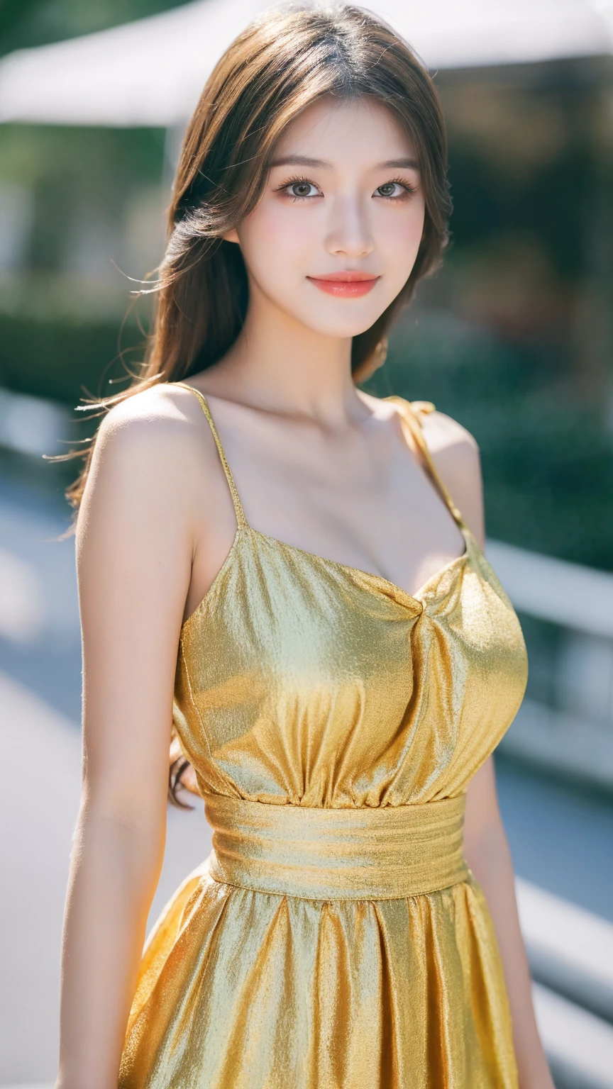 ((Best quality, 8K, masterpiece:1.3))，1girl，18 years old，Asian，Real texture:1.3，(Background blur:1.1)，Gorgeous long dress，Tall and slender figure:1.2，(Hot summer weather)，（street:1.3），Highly detailed face and skin textures，Exquisite eyes，Long eyelashes，Double eyelids，Skin Whitening，happy，Various postures，Big breasts