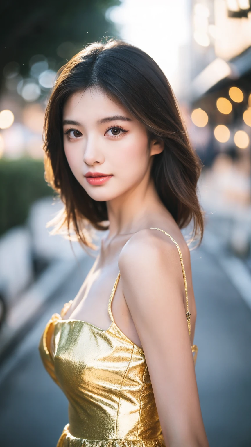 ((Best quality, 8K, masterpiece:1.3))，1girl，18 years old，Asian，Real texture:1.3，(Background blur:1.1)，Gorgeous long dress，Tall and slender figure:1.2，(Hot summer weather)，（street:1.3），Highly detailed face and skin textures，Exquisite eyes，Long eyelashes，Double eyelids，Skin Whitening，happy，Various postures，Big breasts