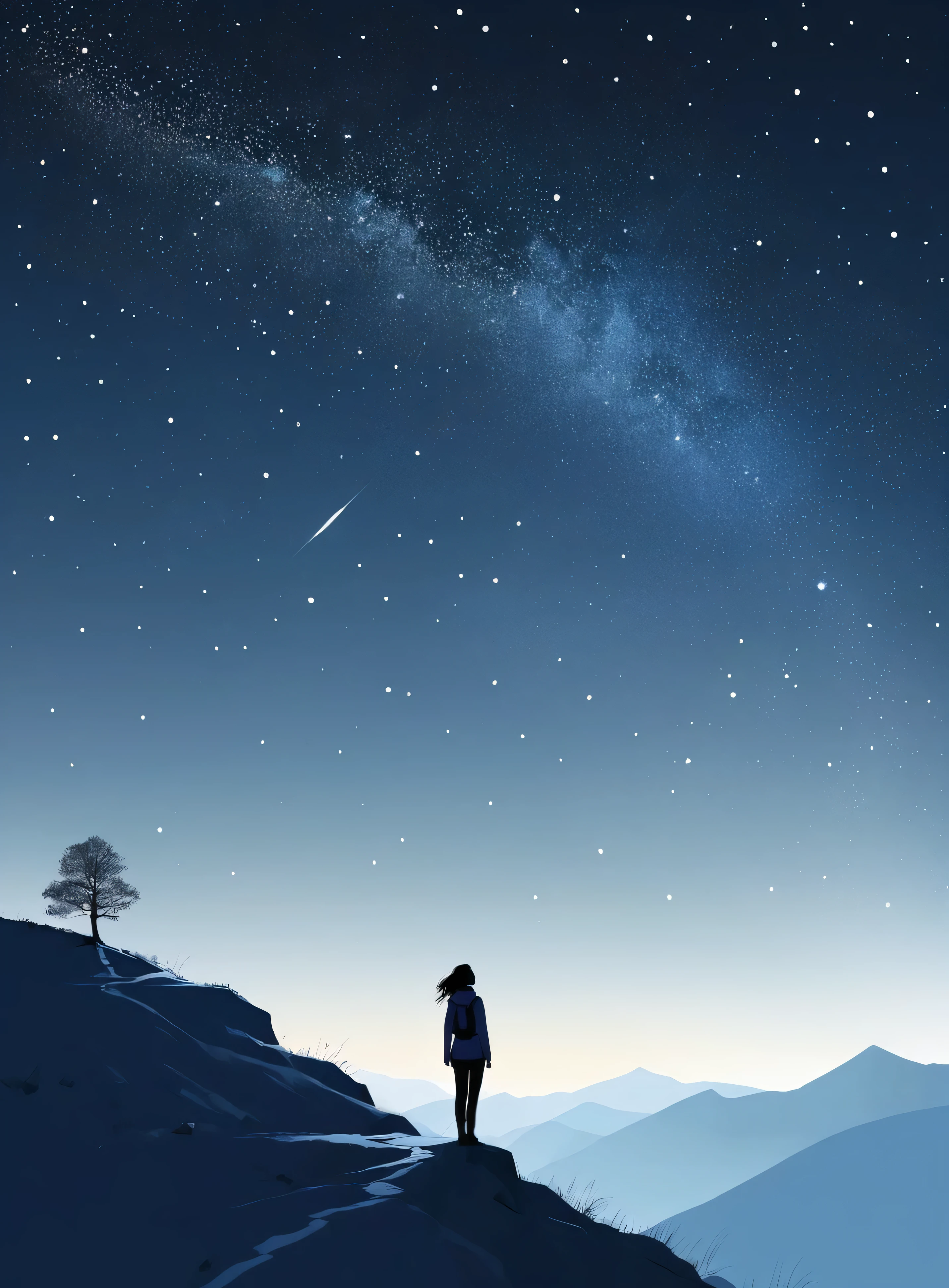 Minimalist Journey, Mountaineering, solitary, 1 girl looking up at the stars, Minimalism, On the Hill, illustration.