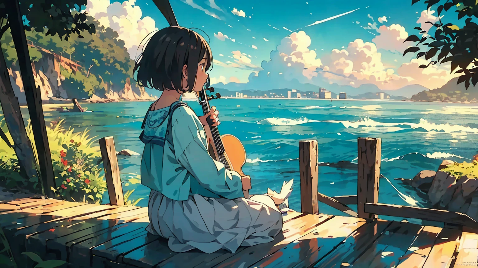 bluth, A girl, musical instrument, flower, Solitary, outdoor, Brown hair, sit, Guitar, cloud, Invalid, shoe,, short hair, sky, wood, music, shirt, blue Invalid, playing musical instrument,  wind景, wind, holding musical instrument, Writing border depth, Jack Johnson, Wide-angle lens, contour, leaf, Fence, cloud Invalid, ocean, 吉卜力工作室wind格 HMC, 夕暮れ時に棚に座ってGuitarを弾く少年, wallpaper 8k, Guitarを弾く, Lo-Fi Girl,(Warm, Vibrant colors), (Soft, Golden Light), (Sparkling reflections on the water), 动漫wind格，ocean，oceanのビーチ, ilustrador