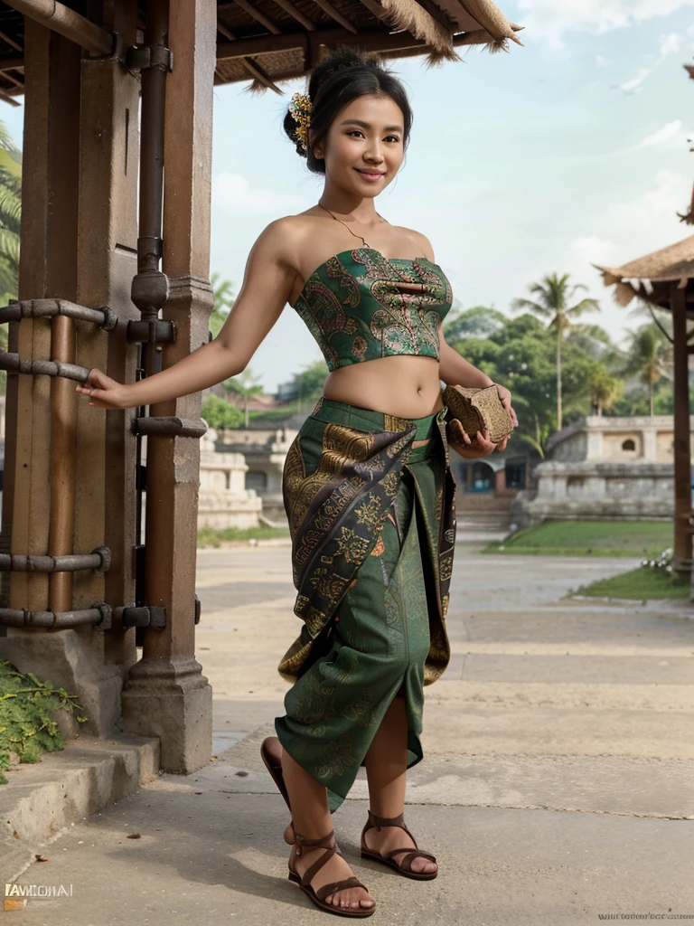 Masterpiece, top quality, best quality, official art, beautiful and aesthetic, extremely detailed, colorful, highest detailed. Stunning Beauty Voluptuous Javanese Herbal Peddler. Brown skin. Smile. Wearing green strapless tank top, long batik skirt, and batik shawl. She's wearing a hair bun in her short hair. Beautiful shoulders, huge chest, beautiful belly, beautiful big waist, and beautiful toes. Swallow rubber sandals. She's holding a basket full of herbs. Full body photo, head to toes, wide angle. Background in public street. HD image, very detailed anatomy, very detailed background.