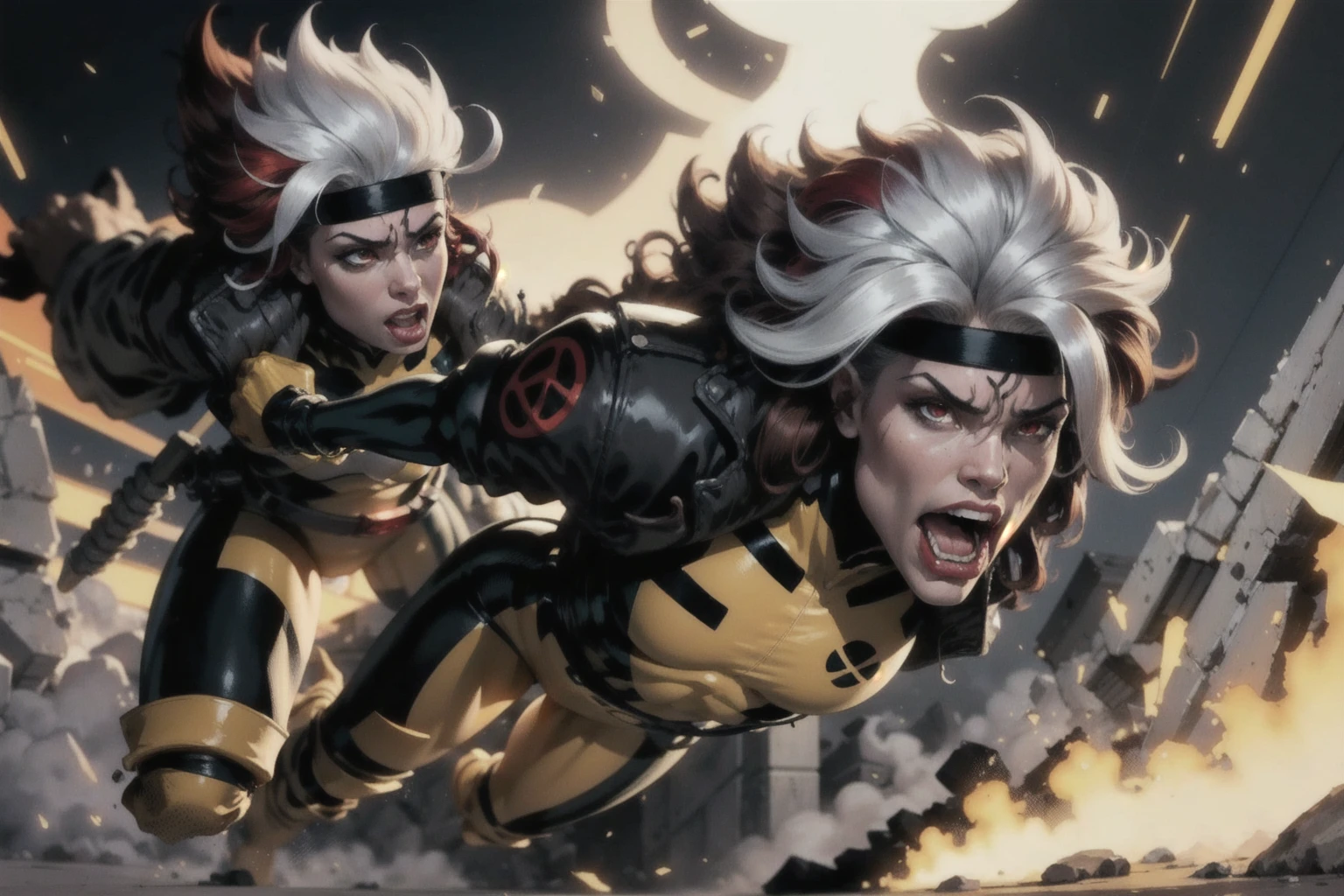 Ultra Supersayajin, diamond yellow hair and red eyes with black pencil painted around, white outfit with dragon tattoo print, good open scream, fighting with great fury against the enemy, scenery in heaven and earth