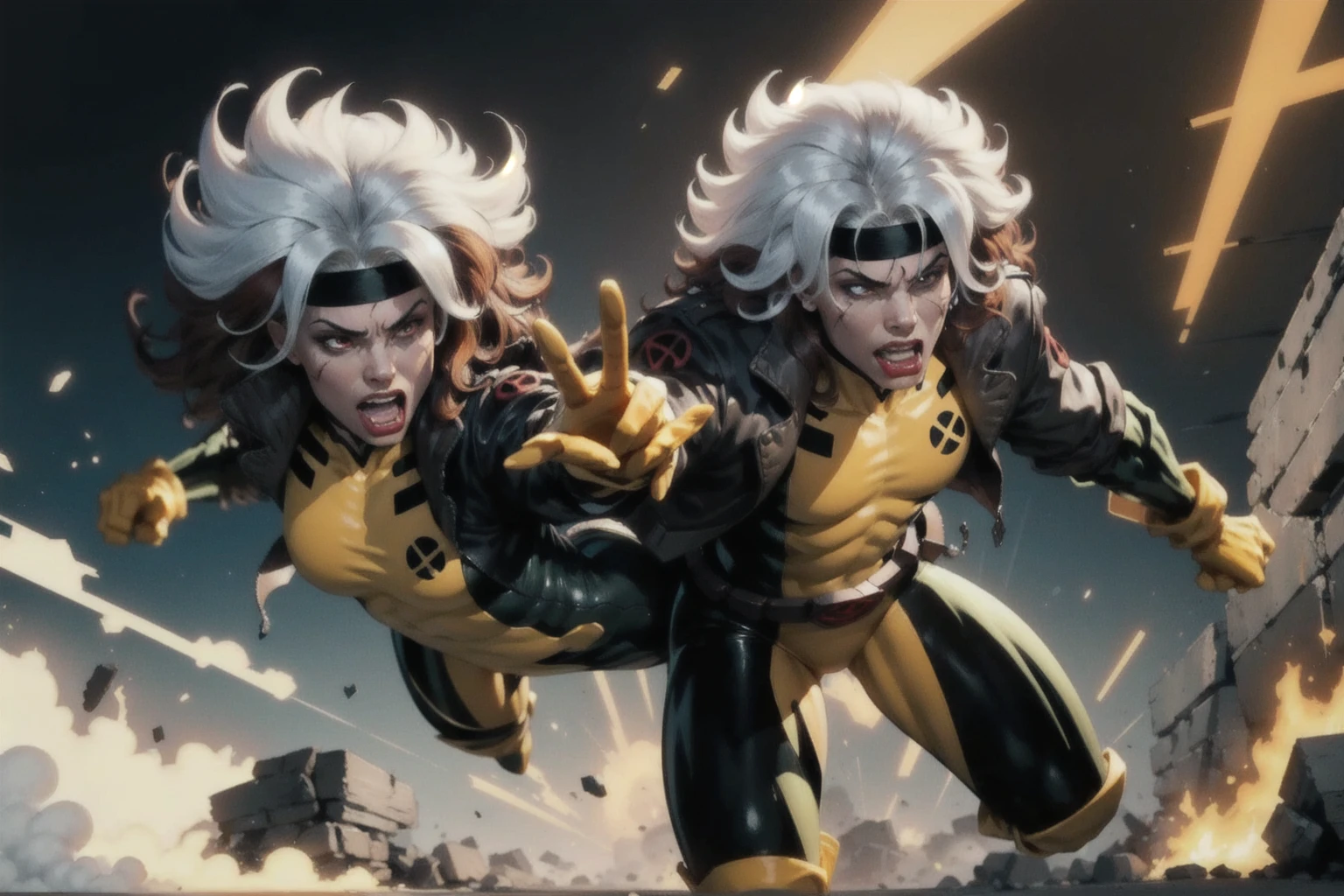 Ultra Supersayajin, diamond yellow hair and red eyes with black pencil painted around, white outfit with dragon tattoo print, good open scream, fighting with great fury against the enemy, scenery in heaven and earth