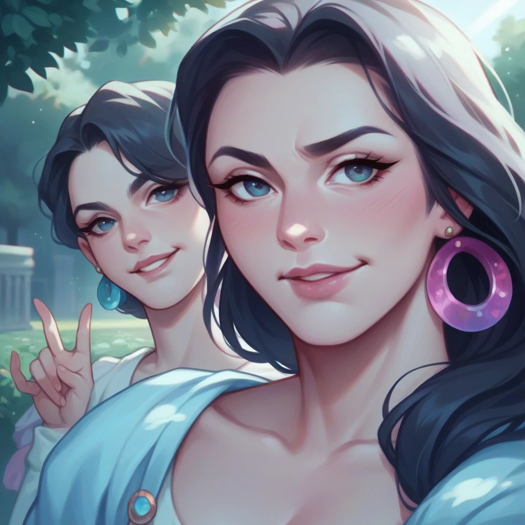 The image shows a mother and her young daughter in a loving moment.  The mother has long, dark hair, is wearing earrings and her lips are pursed, as if she is pouting.  The daughter, with light hair, is smiling widely with one of her eyes half-closed and is gently holding her mother's face with her hands.  They are outdoors, with sunlight shining behind them, creating a soft glow.  The daughter is wearing a light dress with colorful patterns.  In the background, there is some vegetation, suggesting that they are in a park or garden.