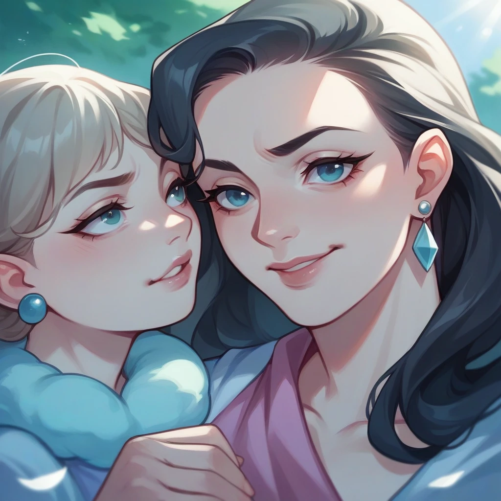 The image shows a mother and her young daughter in a loving moment. The mother has long, dark hair, is wearing earrings and her lips are pursed, as if she is pouting. The daughter, with light hair, is smiling widely with one of her eyes half-closed and is gently holding her mother's face with her hands. They are outdoors, with sunlight shining behind them, creating a soft glow. The daughter is wearing a light dress with colorful patterns. In the background, there is some vegetation, suggesting that they are in a park or garden.