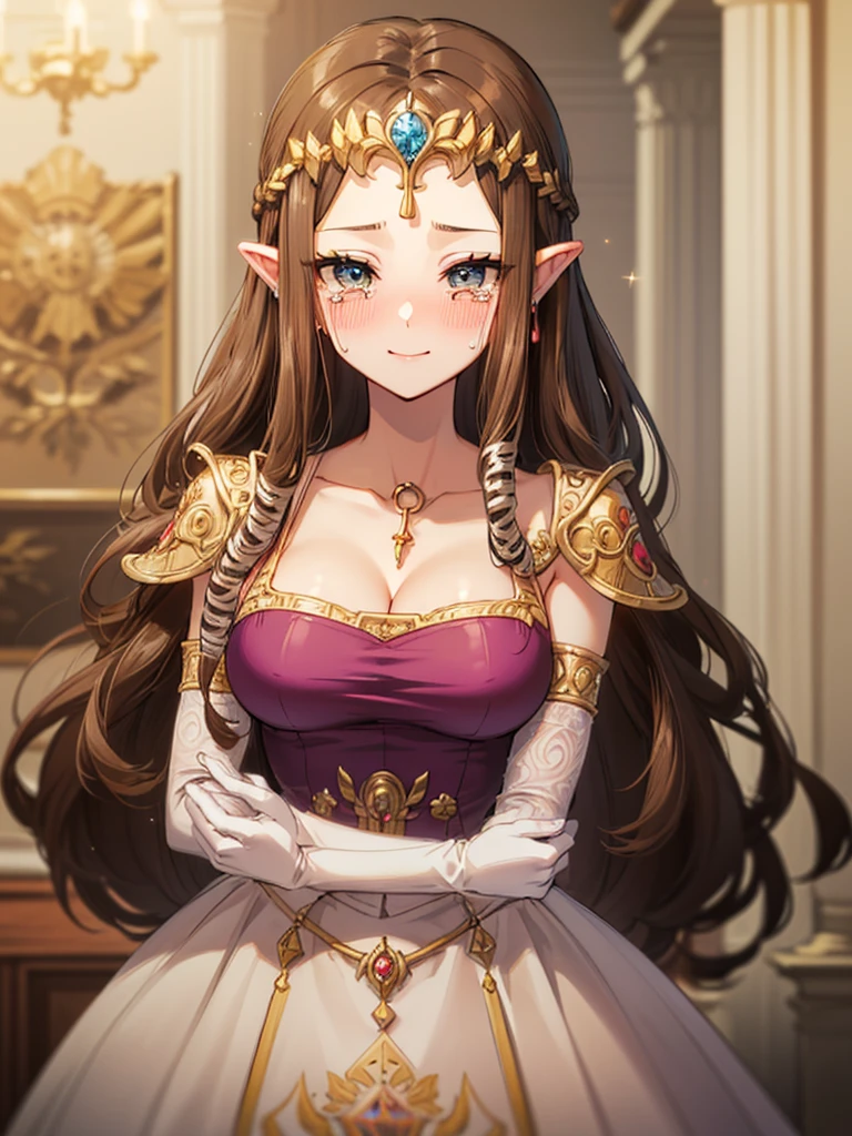 (((()))),(((Face close-up))),((())),(((Crying))),((((Please lift your skirt)))))),((Upper Body)),((alone)),((),Anime art style,masterpiece,(Highest quality), (Super detailed),(Very delicate and beautiful),(alone),(detailedな顔と目),Beautiful eyes like jewels,(A truly gorgeous jeweled ruffled rococo ball gown dress),(((Mature Woman,Queen))),((1 Queen in a beautiful embroidery and jeweled absolutely gorgeous rococo ballgown dress with voluminous full length hoop skirt)),((crinoline)),,((Straight hair galore,Very long straight hair with plenty of volume,Super long straight hair)),,Cleavage,(bed),length_gloves,Very gorgeous hair accessory,Sparkling、((((Front Face)))),((((Adult Expressions)))),((((Beautiful Face)))),((((dress)))),((smile)),(((Long Hair)))),((((Straight hair)))),((Cleavage)),((((Dark brown hair)))),Princess Zelda,((chest is slightly exposed)), ((Highest quality)),,(Very detailed) ,((((ウェディングdress)))),((Put your arms behind your back)),Brown Hair,((Embarrassed look)),Blushing, ((Highest quality)), (Very detailed),((detailed)),(((pray))),Nintendo, The Legend of Zelda),Crying face,Blushing,((alone)), ((Highest quality)), (Very detailed), ,