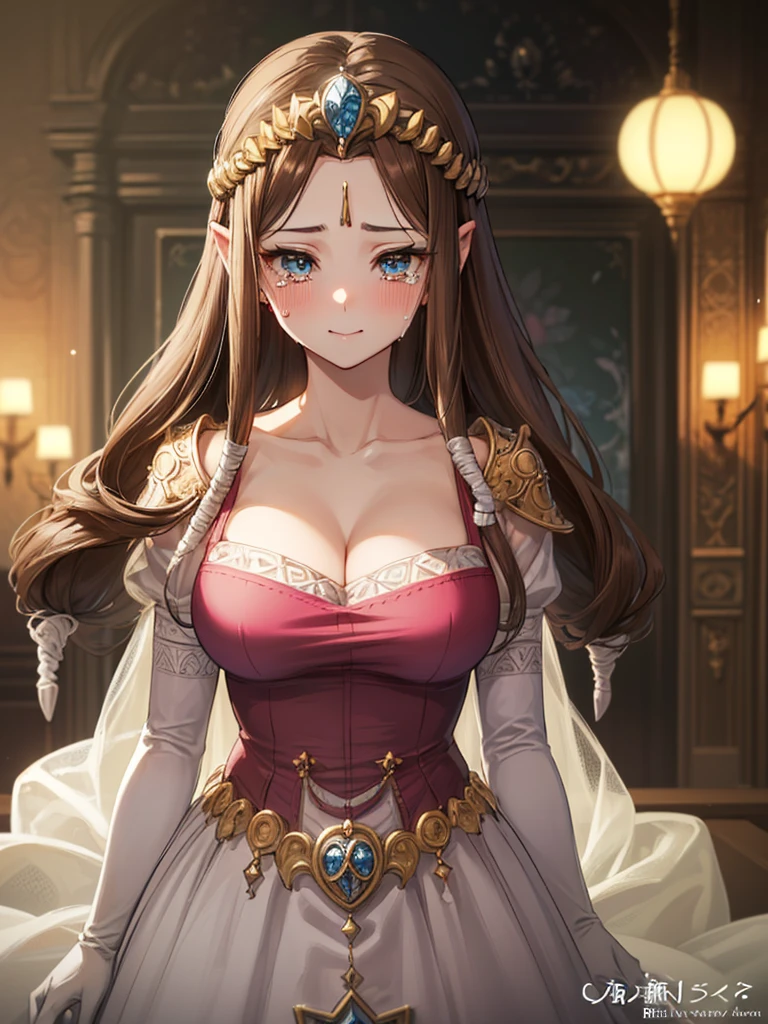 (((()))),(((Face close-up))),((())),(((Crying))),((((Please lift your skirt)))))),((Upper Body)),((alone)),((),Anime art style,masterpiece,(Highest quality), (Super detailed),(Very delicate and beautiful),(alone),(detailedな顔と目),Beautiful eyes like jewels,(A truly gorgeous jeweled ruffled rococo ball gown dress),(((Mature Woman,Queen))),((1 Queen in a beautiful embroidery and jeweled absolutely gorgeous rococo ballgown dress with voluminous full length hoop skirt)),((crinoline)),,((Straight hair galore,Very long straight hair with plenty of volume,Super long straight hair)),,Cleavage,(bed),length_gloves,Very gorgeous hair accessory,Sparkling、((((Front Face)))),((((Adult Expressions)))),((((Beautiful Face)))),((((dress)))),((smile)),(((Long Hair)))),((((Straight hair)))),((Cleavage)),((((Dark brown hair)))),Princess Zelda,((chest is slightly exposed)), ((Highest quality)),,(Very detailed) ,((((ウェディングdress)))),((Put your arms behind your back)),Brown Hair,((Embarrassed look)),Blushing, ((Highest quality)), (Very detailed),((detailed)),(((pray))),Nintendo, The Legend of Zelda),Crying face,Blushing,((alone)), ((Highest quality)), (Very detailed), ,