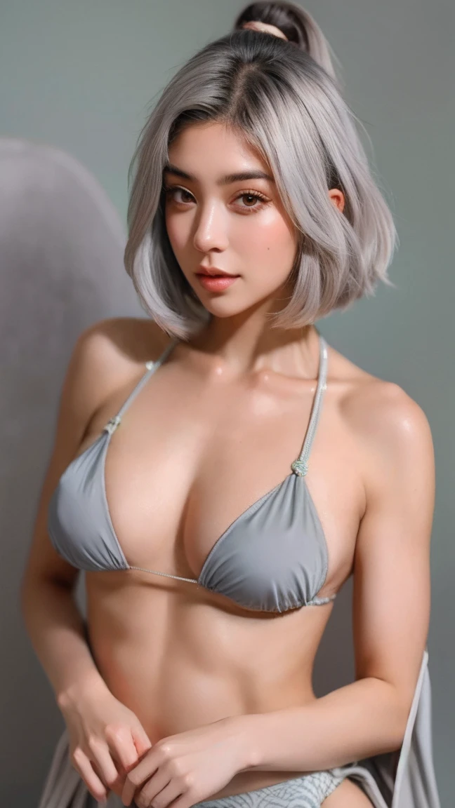 Detailed Body , Extra Detailed Face , Best Qualtiy:1.1 , Female , medium Breast , ((Muscles:1.1)) , Looking At The Viewers , ((Detailed Micro Bikini)) , a Gorgeous , Medium Bob Hair , Ukiyo-e Kabuki Wallpaper On Background , (Centre:1.1) , Sleeveless, ((Grey Hair))