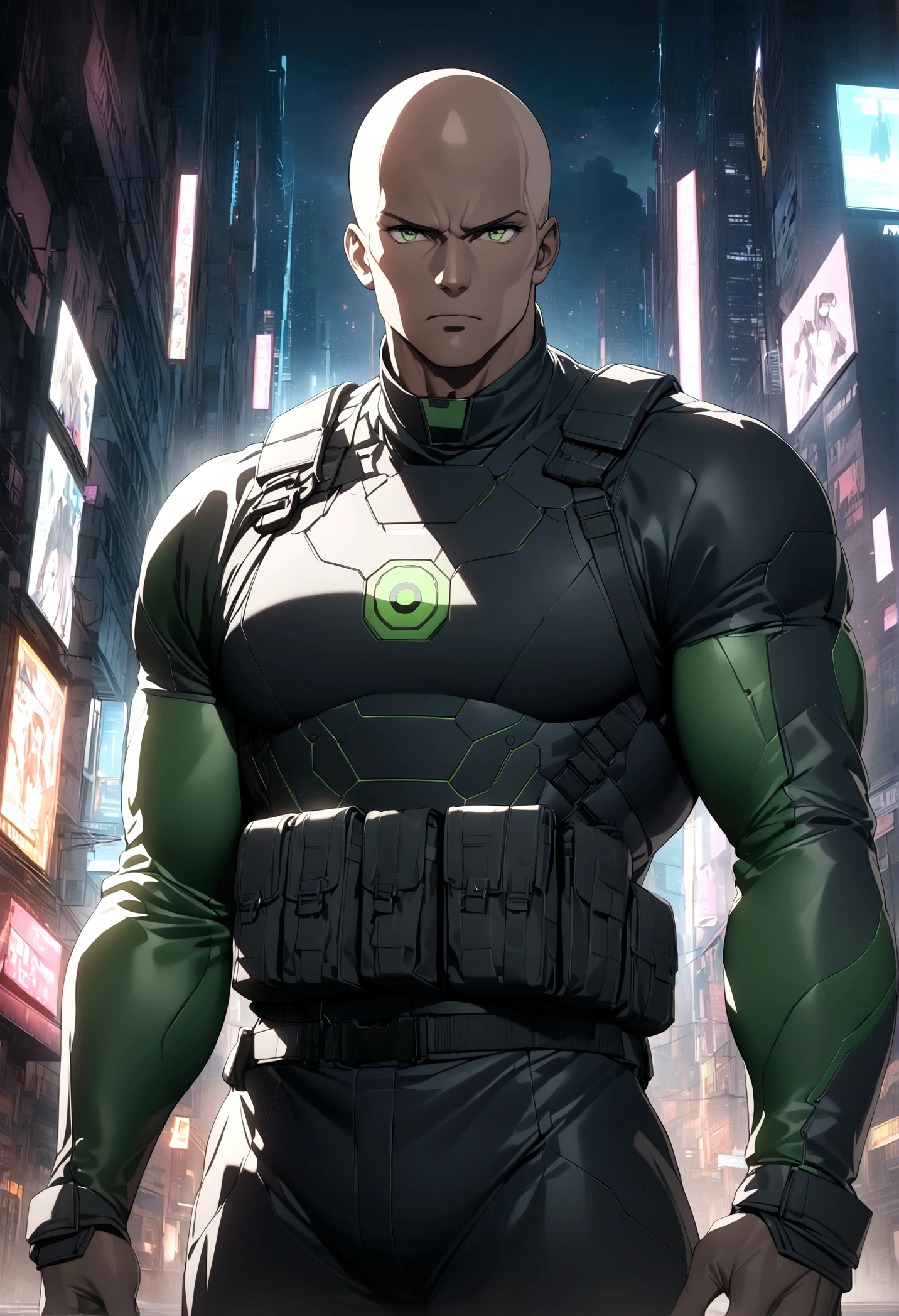 (masterpiece, 32k, 8k, cgi, cyberpunk effect), man, 46 years old, tanned black skin, deep green eyes, serious expression, bald, black Swat uniform, cyberpunk city setting