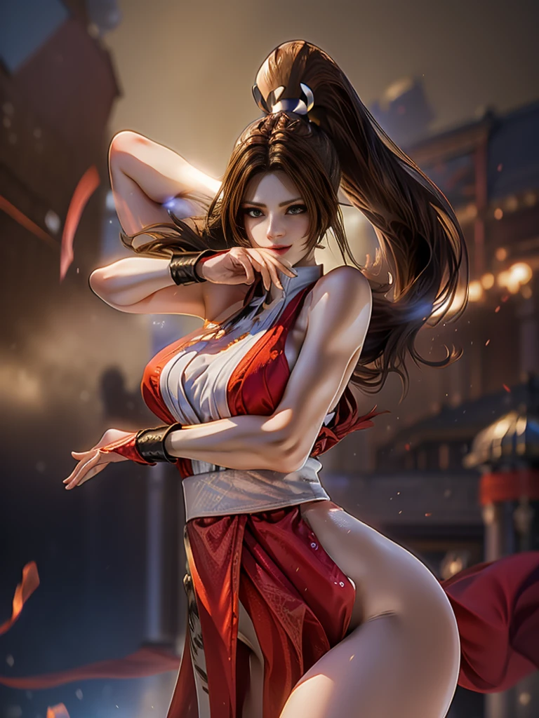 (exquisitely detailed CG unity 8k wallpaper, masterpiece-quality with stunning realism), (best illumination, best shadow), (best quality), (elegant style:1.2), Arti modern anime. angled view, heroic pose, midshot, (cel-shading style:1.3), centered image, ultra detailed closeup portrait of (Mai Shiranui:1) from (King of Fighters), best quality, expressive eyes, perfect face, highres, (ultra details), 1 girl, solo, brown hair, hair ornament, eyeshadow, gold, white and red qipao, highly ornamented, in the city of Japan, portrait, looking at the viewer, piercing eyes, full body, leaning forward, ready to fight, fighting pose, action fight scene, strike, staring, (light from the angle:1) (smoke and dust:1.2) (wind blowing:1.2).(depth of field effects:1.3) (motion action:1.2) (closeup:1.2) (two legs:1) (two arms:1) (one head:1) (attacking pose:1.2) (angled closeup photography:1) (turning action pose:1), (dress on fire:1), (motion blur effects:1), (holding a oriental fan:1), (attacking:1), wide angles
