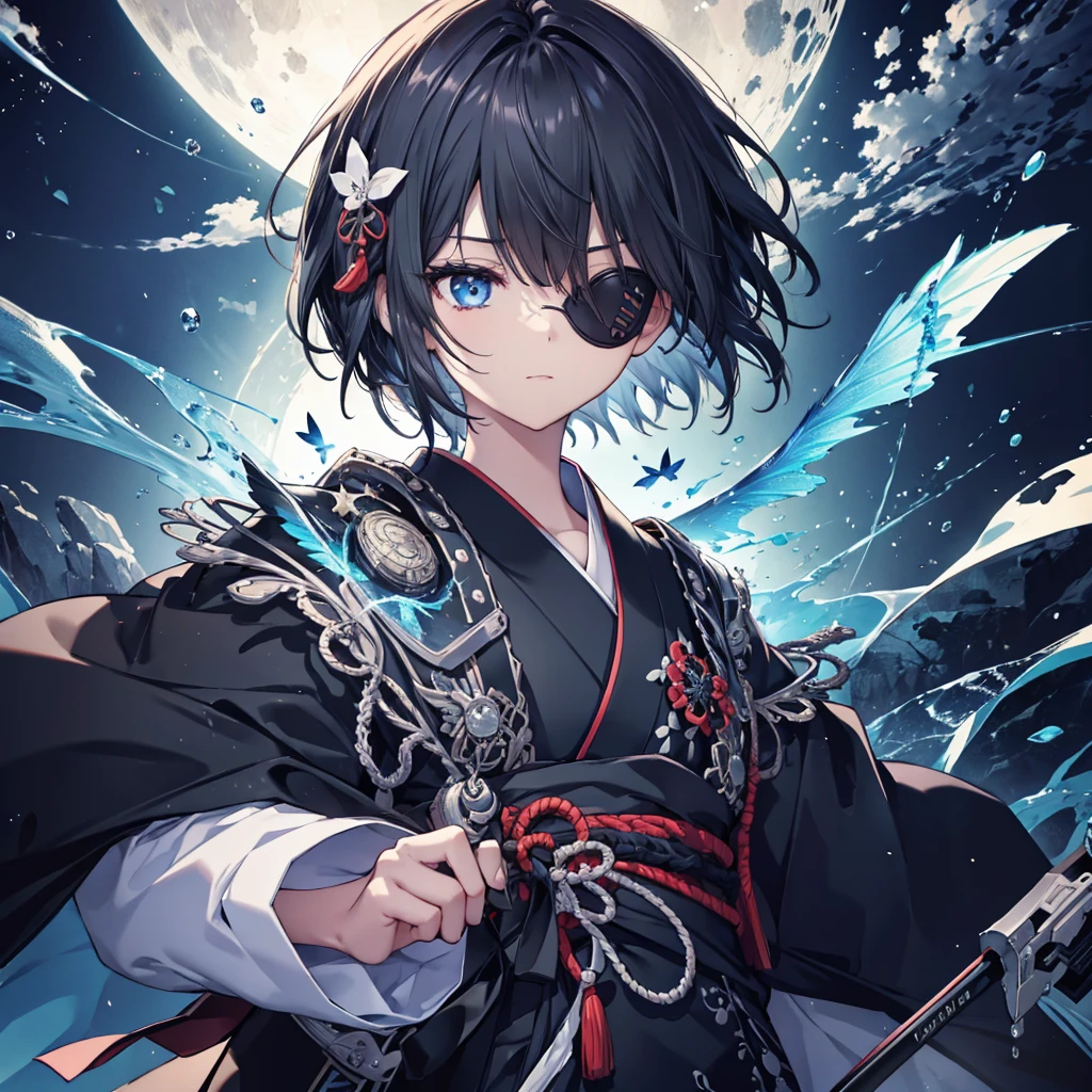 (((1 person Put on an eye patch Black and white hair))) ((High resolution short hair Black kimono Shoulder Rin々Funny face knifeを胸の前で構える)) ((Black Band samurai Lonely despair blue eyes Close-up)) ((Blue Butterfly night Japanese style old Shining Aura garden water surface Catch the wind)) (dance 日本knife knife Slashing) 月night moonlight star Draw your sword Shining Background Shining Edge