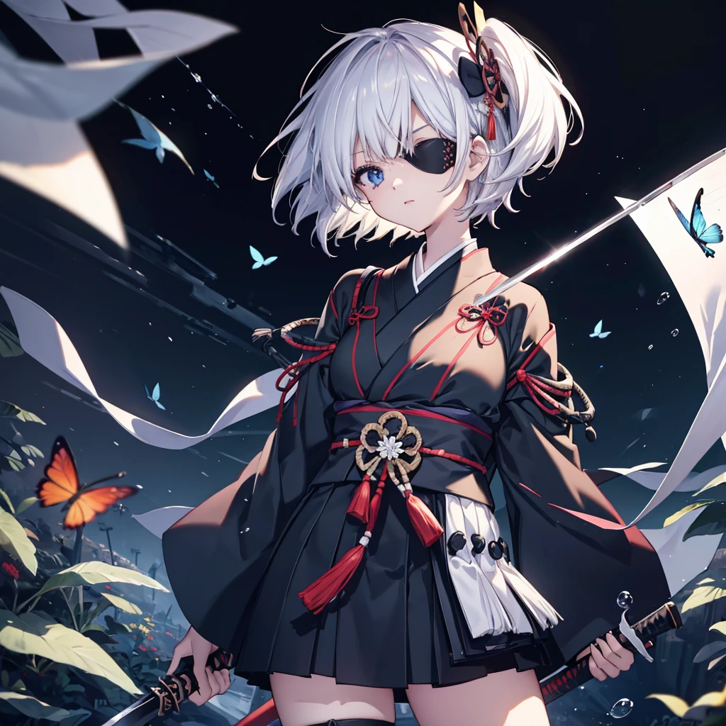 (((1 person Put on an eye patch Black and white hair))) ((High resolution short hair Black kimono Shoulder Rin々Funny face knifeを胸の前で構える)) ((Black Band samurai Lonely despair blue eyes Close-up)) ((Blue Butterfly night Japanese style old Shining Aura garden water surface Catch the wind)) (dance 日本knife knife Slashing) 月night moonlight star Draw your sword Shining Background Shining Edge
