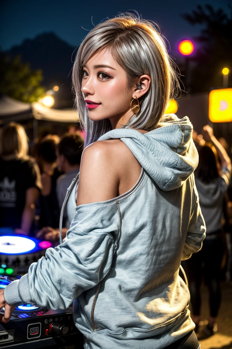 highest quality, Tabletop, 超A high resolution, (Realistic:1.4), (Japanese Idols),RAW Photos, One Girl, night,Detailed skin,nightclub,disco,(bionde:1.2), (silver inner hair:1.3),Glossy lips,smile,21 years old,Beautiful and beautiful eyes,eye shadow,Diamond jewellery,Earrings,Gold Jewelry,(hoodies:1.3),,(Strengthening shoulders:1.2),A well-trained body,(Pixie Cut),Round face,(playing music as a dj:1.5),  (dj:1.2) playing at a vibrant (music festival:1.2) with (energetic crowd:1.1) and (colorful stage lights:1.1), (Back view:1.5 ),Back view,(A slightly distant composition),(back of head),Composition from behind