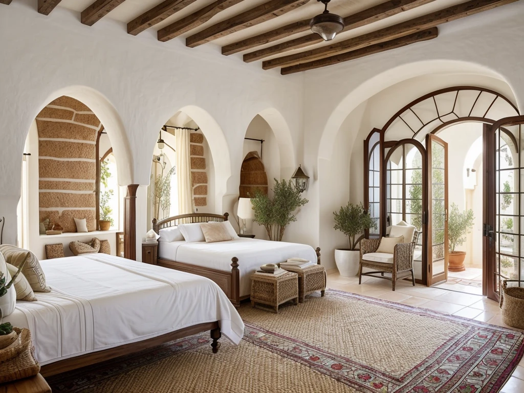 Mediterranean bedroom, cozy, warm ambiance, white stucco walls, wooden beams, terracotta tiles, wrought iron bed, white linens, colorful throw pillows, rustic wooden dresser, ceramic lamps, arched windows, sheer curtains, hand-painted tiles, Mediterranean artwork, woven rug, potted olive tree.