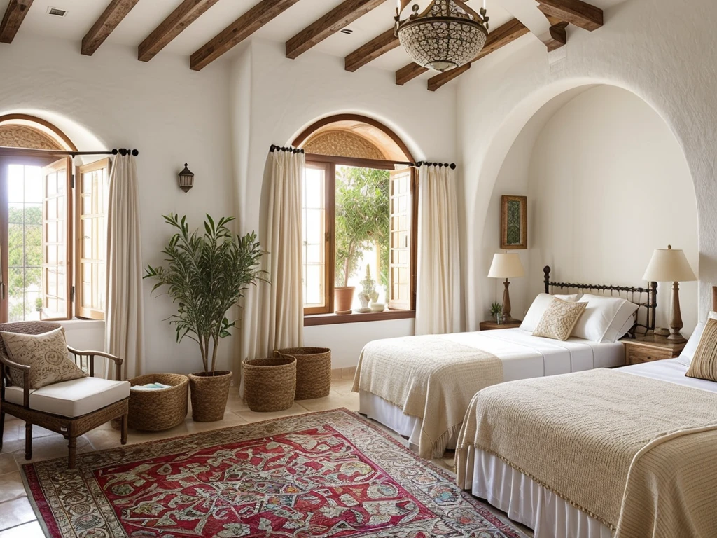 Mediterranean bedroom, cozy, warm ambiance, white stucco walls, wooden beams, terracotta tiles, wrought iron bed, white linens, colorful throw pillows, rustic wooden dresser, ceramic lamps, arched windows, sheer curtains, hand-painted tiles, Mediterranean artwork, woven rug, potted olive tree.