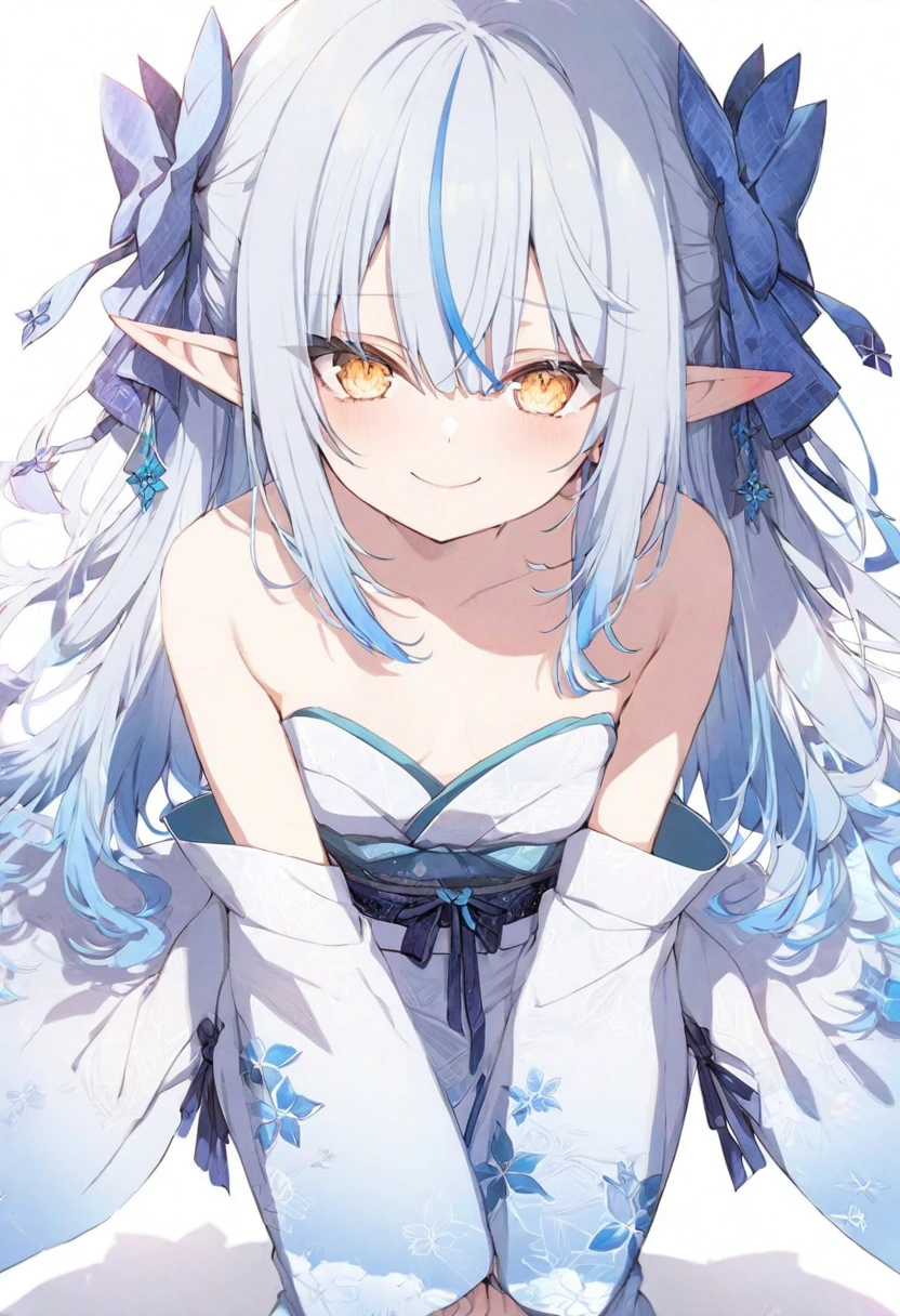 (masterpiece), (best quality), perfect face, beautiful girl, white background background, delicate and beautiful face and eyes, dark intense shadow, 
1 girl, vtuber style, cool girl, hololive, , Yukihana Lamy, Elf ears,, kimono, small chest, clavicle, winking, smile, (full body), looking at viewer, standing, 