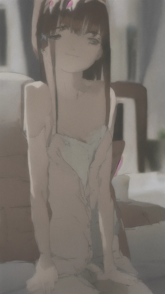 masterpiece, high quality, backlighting, score_9, score_8_up, score_7_up, score_6_up, score_anime, rating_explicit, uncensored, (screencap, anime screencap) 1girl, Lain, brown eyes, brown hair, bangs, single sidelock, x hair ornament, looking at viewer, smile, happy, full body, white camisole, camisole, nipple slip (high quality, detailed, beautiful), detailed beautiful eyes, outstanding, countershading, detailed soft lighting