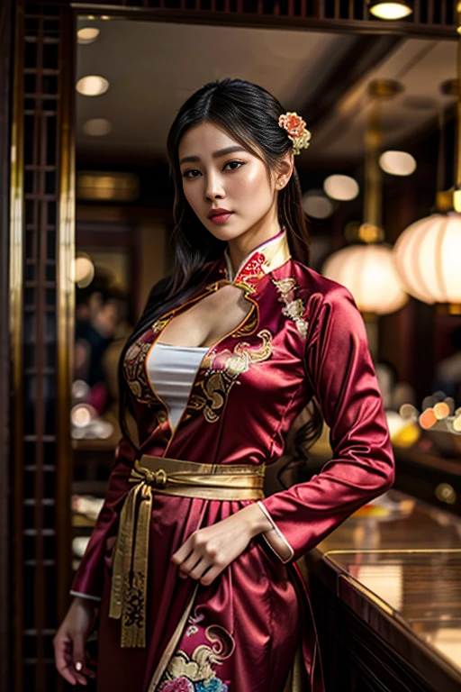 Half Body,Tight Fit_A beautiful woman in Hanfu,All kinds of accessories,Crowded Chinese restaurant,A meticulous face,grace,Movie-like lighting,high class boutique,Intricate dress design,Flowing fabrics,luxurious,luxurious,Dramatic Colors,Rich tones,charming,Ethereal、Exquisite、(Best quality、4K、8K、high resolution、masterpiece:1.2)、Ultra Detailed、(lifelike、Reality、Reality:1.37)、HDR、uhd、Studio Lighting、Ultra-fine painting、Sharp Focus、Physically Based Rendering, Extreme details、major、Bright colors、Bokeh、fashion photography