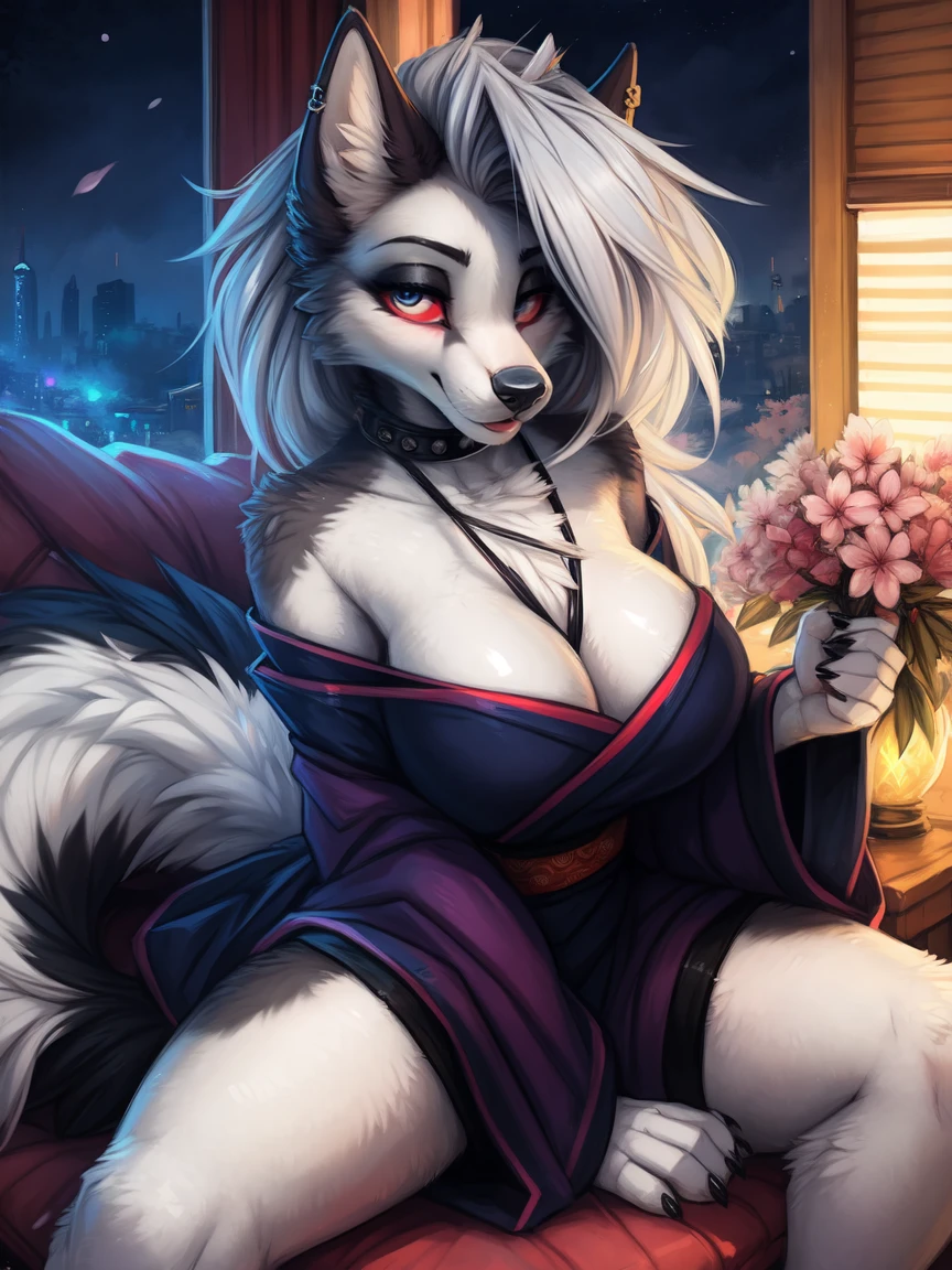 by kenket, Ross Tran, ruan jia, zaush, foxovh, by Zackary911, by hyattlen, by teranen, by fumiko, by Pixelsketcher, by fluff-kevlar, bye r-mk, by Dimwitdog, Furry, Anthro, (oiran), ((prostitute)), (luxurious off-shoulder kimono), (loona), helluva boss, hellhound, kemono, (huge breasts), long (elegant) white hair, hourglass body, revealing outfit, seductive, looking at viewer, traditional japanese, magic fantasy, (mature), milf, tall, curvy, outdoors, cherry blossoms, nighttime, cleavage, tugging on own clothes, (red sclera), light blue iris, geisha hair ornament, open window, loose clothes, sitting on a futon,